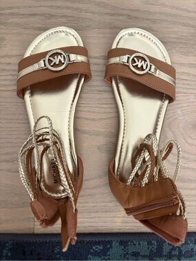 Michael Kors Tan and Gold Braided Ankle-Tie Flat Sandals